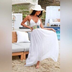 Cupshe Boho‎ Sexy Avia Crochet Floral Swim Cover-Up White Dress size M